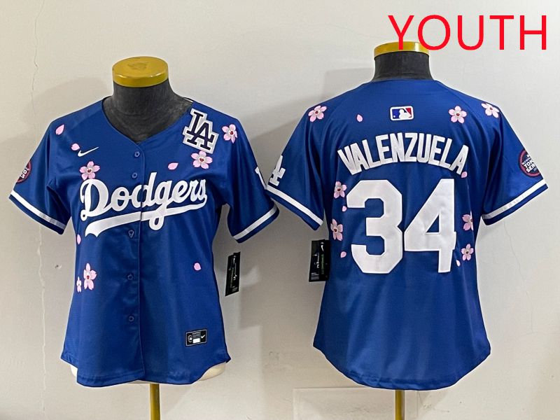 Youth Los Angeles Dodgers #34 Valenzuela Blue Sakura Edition 2025 Nike MLB Jersey style 39
